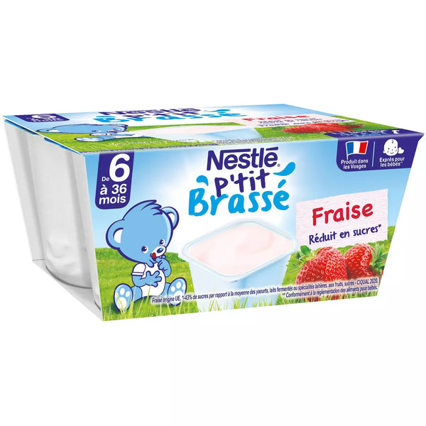 NESTLÉ | P’tit Brassé saveur fraises dessert bébé, les 4 pots de 100g