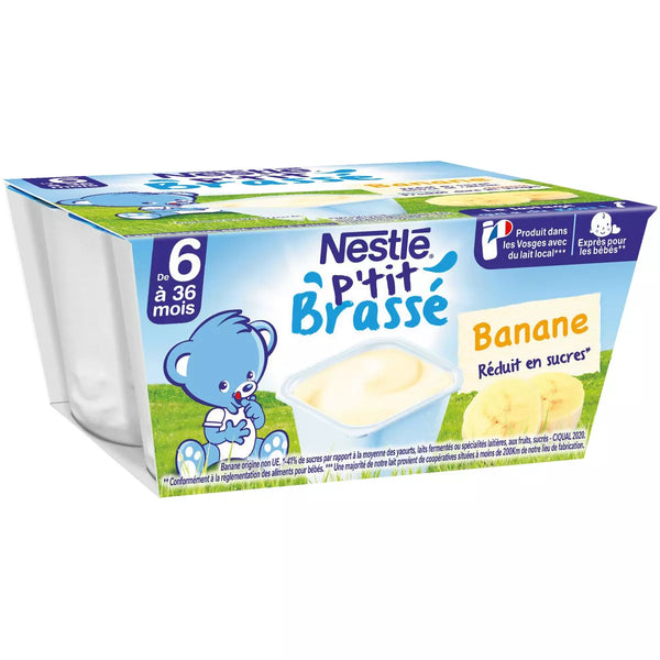 NESTLÉ | P’tit Brassé saveur banane dessert bébé, les 4 pots de 100g