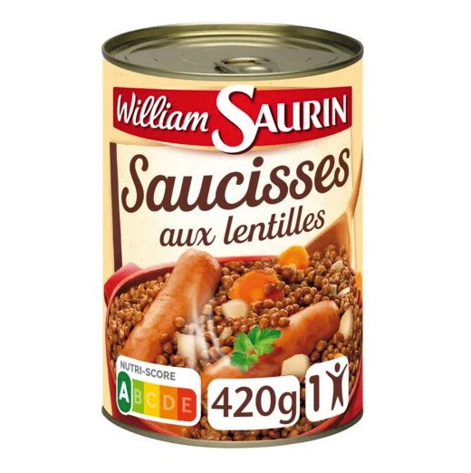 Plat cuisiné saucisses aux lentilles WILLIAM SAURIN  la boîte de 420g