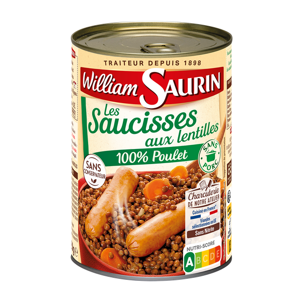 William Saurin | Saucisses aux lentilles 100% poulet, la boite de 420g